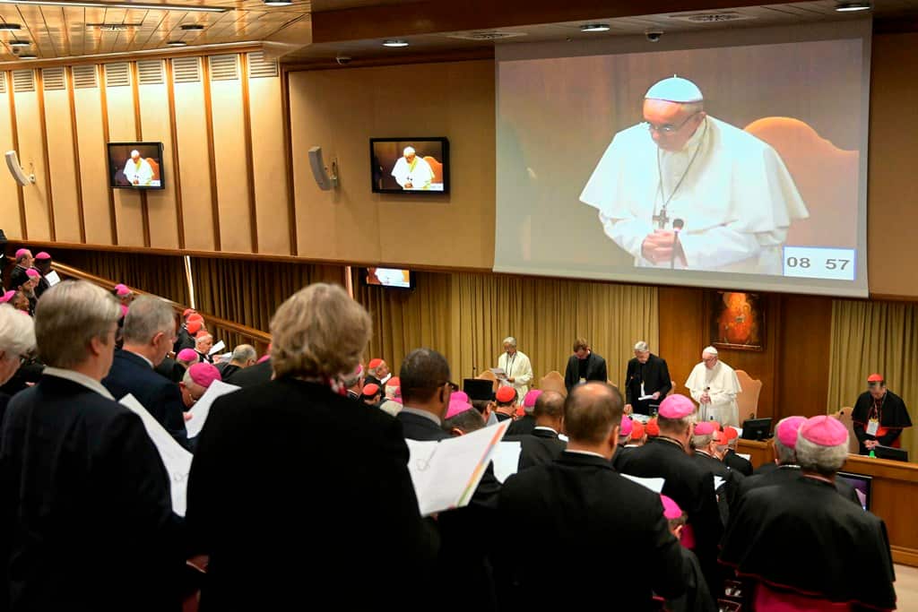 Pope Francis speaks during the opening of a global child protection summit for reflections on the sex abuse crisis within the Catholic Church