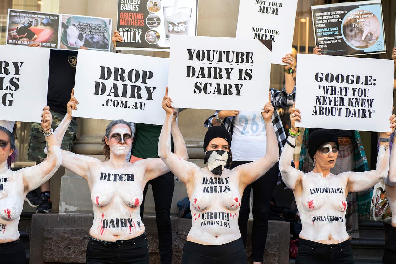 Topless animal welfare activists protest to make a stand to raise awareness of what they claim is cruelty within the dairy industry, Melbourne, Saturday, February 23rd, 2019. (AAP Image/Ellen Smith) NO ARCHIVING