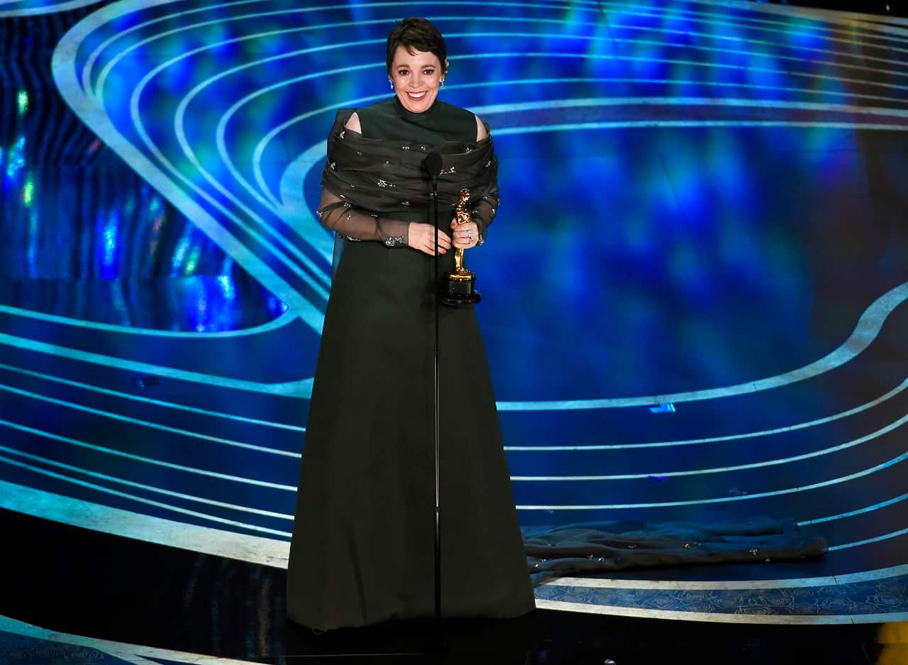 Olivia Colman accepts the award for best performance by an actress in a leading role.