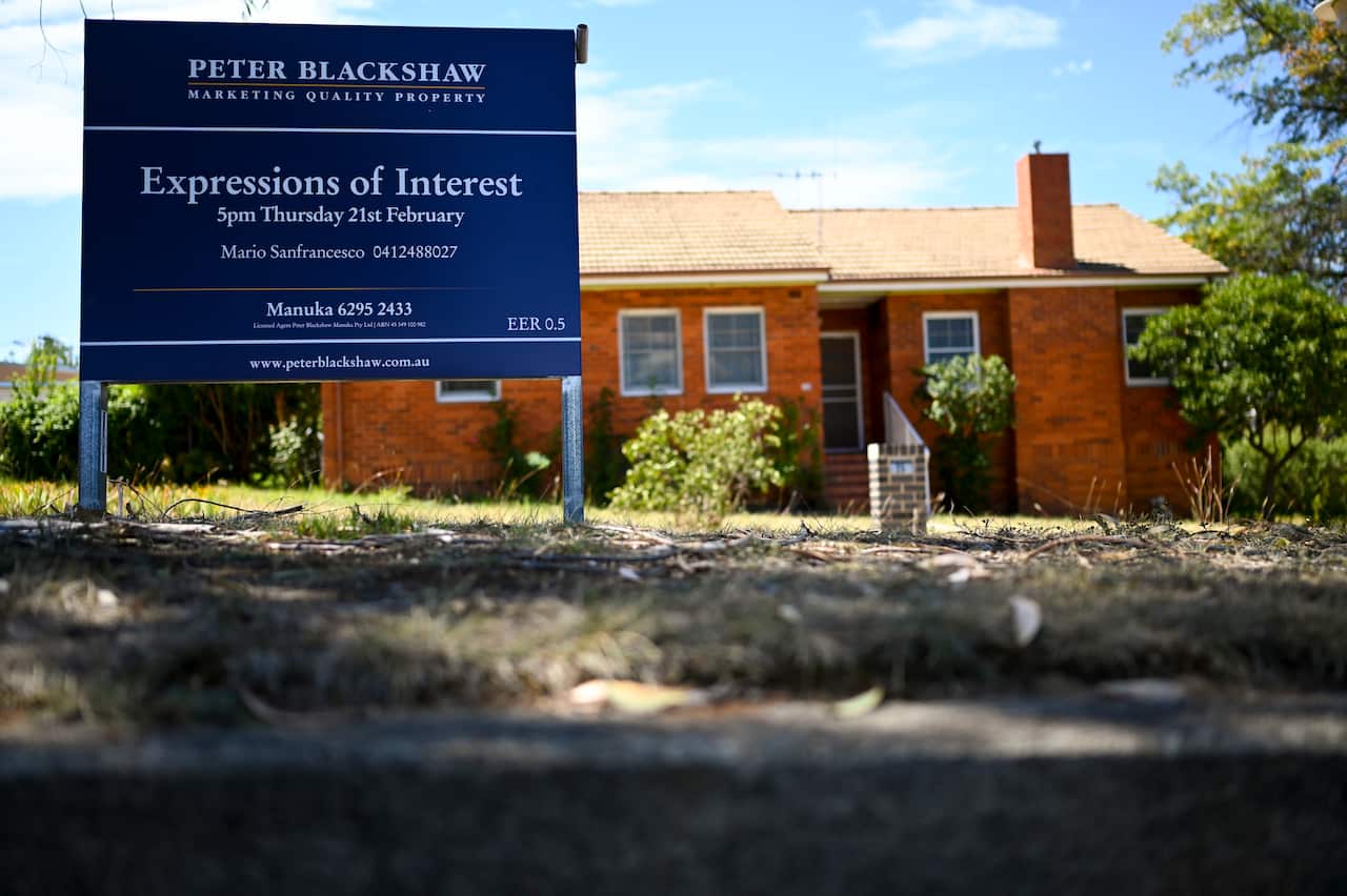A real estate advertising board is seen next to a house in Canberra, Friday, March 1, 2019. (AAP Image/Lukas Coch) NO ARCHIVING