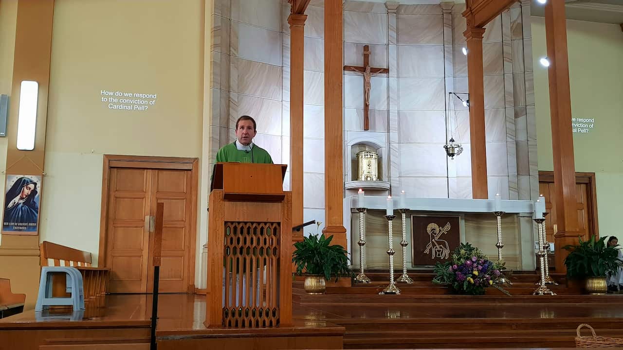 Father Jim McKeon address parishioners at Our Lady of Dolours, Chatswood.