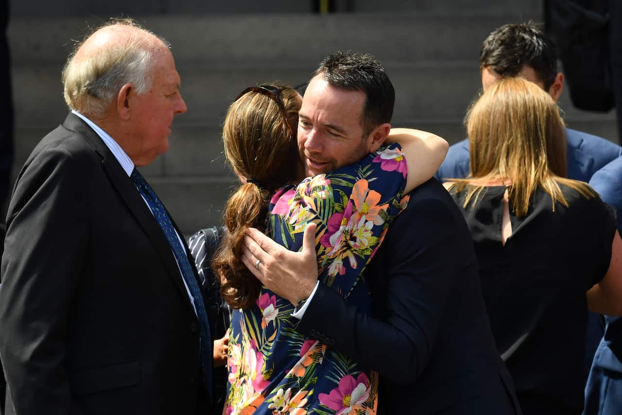 Mike Willesee Jnr. (right) following the Requiem Funeral Mass for his father Mike Willesee at St. Mary's Cathedral in Sydney.