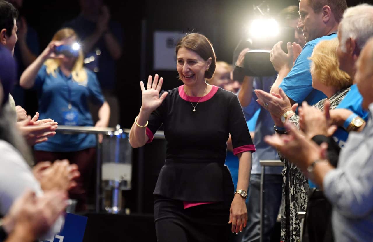 NSW Premier Gladys Berejiklian arrives to speak at the NSW Liberal Campaign Launch at Penrith Panthers Leagues Club in Sydney, Sunday.