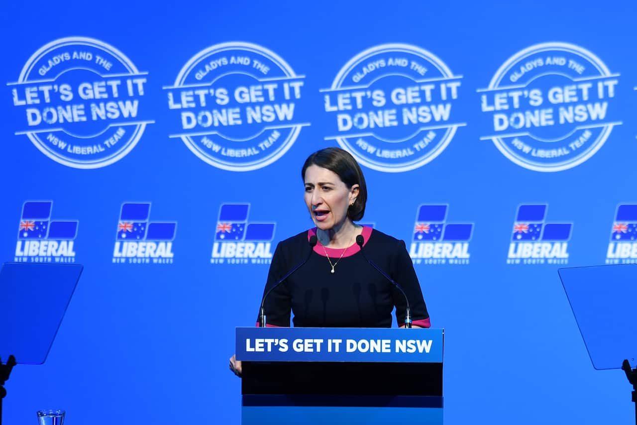 NSW Premier Gladys Berejiklian at the NSW Liberal Campaign Launch at Penrith Panthers Leagues Club in Sydney, Sunday, March 10, 2019. (AAP Image/Mick Tsikas) NO ARCHIVING