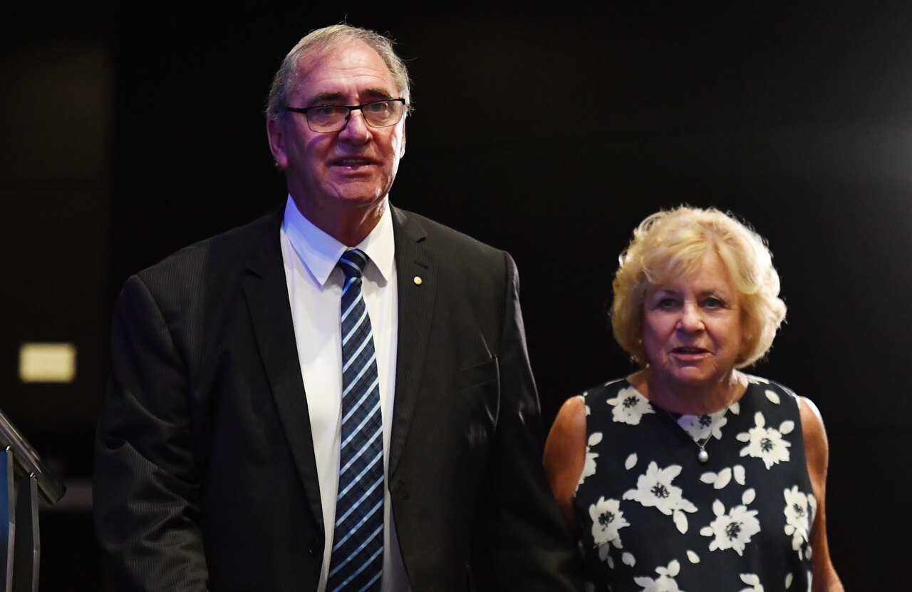 Former NSW premier John Fahey and wife Colleen arrive at the NSW Liberal Campaign Launch at Penrith Panthers Leagues Club in Sydney, Sunday, March 10, 2019. (AAP Image/Mick Tsikas) NO ARCHIVING