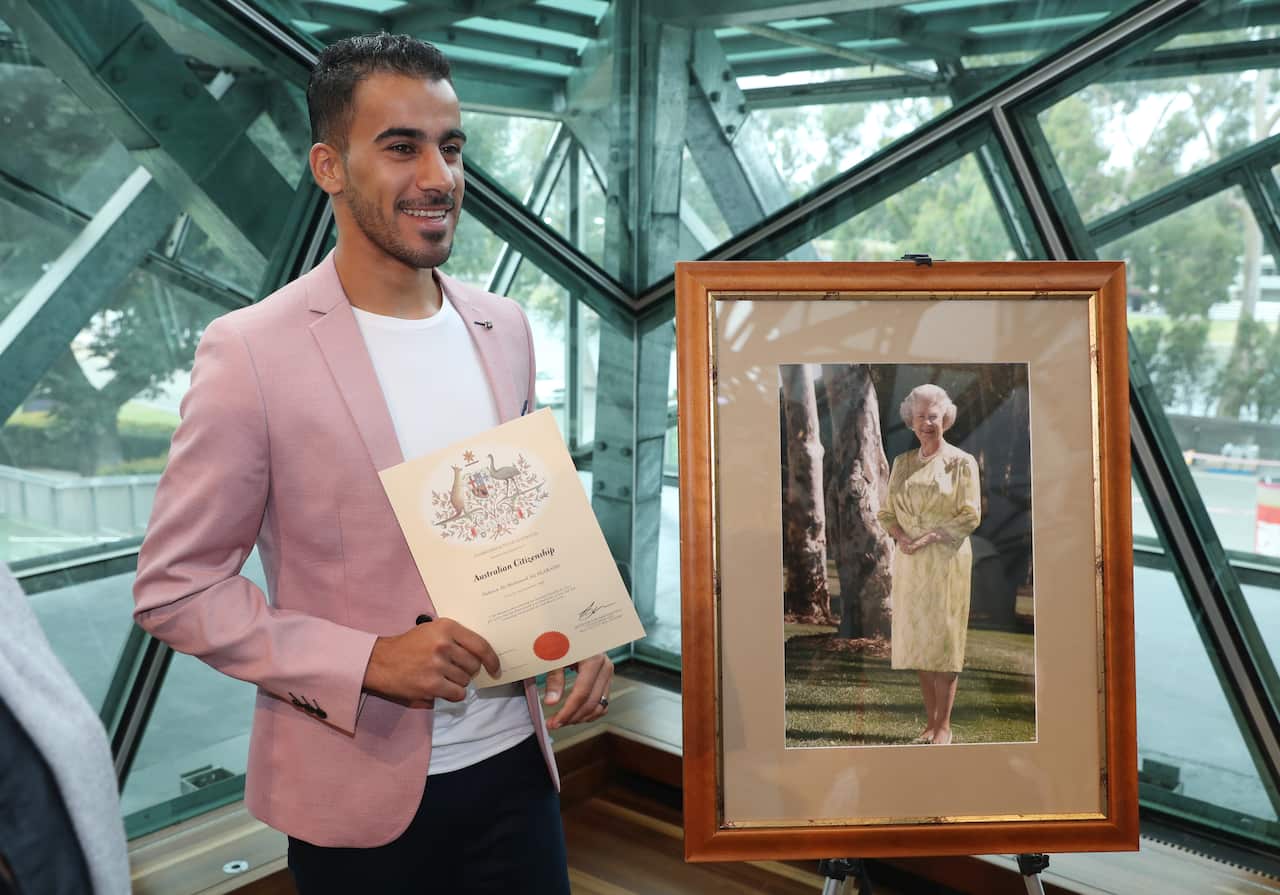 Refugee footballer Hakeem Al-Araibi receives his Australian citizenship at a ceremony in Federation Square, Melbourne. 