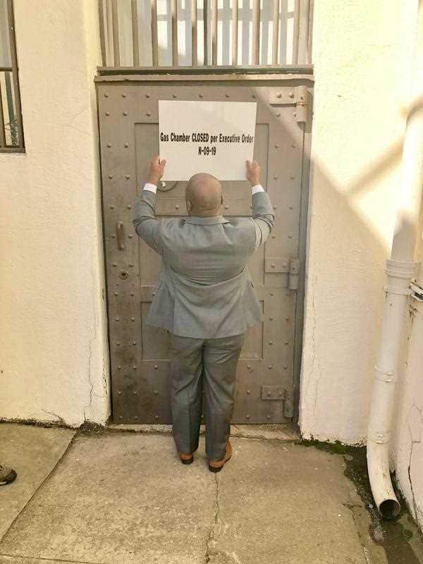 A closed sign is placed on the door leading to the gas chamber at San Quentin State Prison