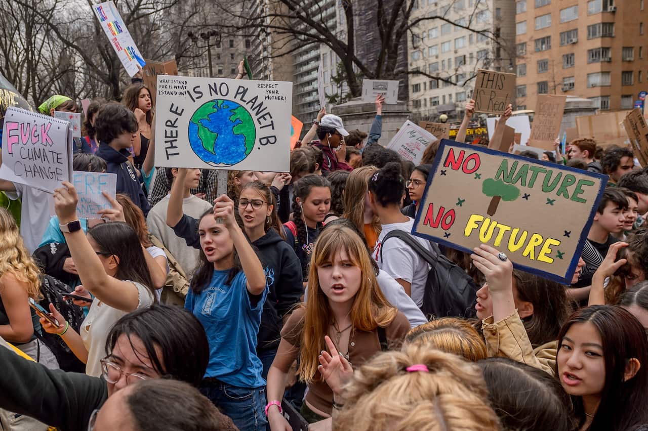 Thousands of school kids and college students in New York City walked out of class on March 15, 2019 to protest climate change.