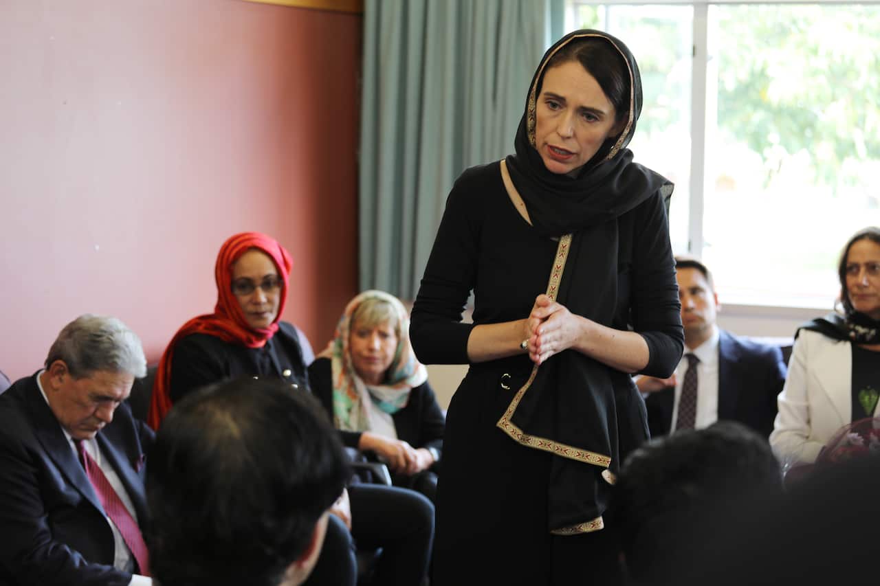 New Zealand Prime Minister Jacinda Ardern (C) meets with members of the Muslim community following mass shooting at two mosques, in Christchurch, New Zealand.