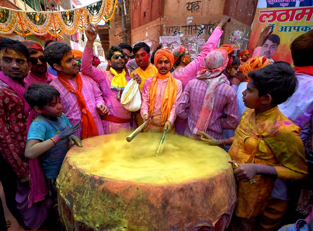 drumming at the Lathmar Holi Festival at Barsana