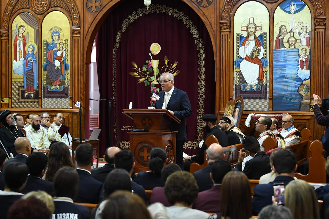 Prime Minister Scott Morrison speaks during Mass at St Mark Coptic Orthodox Church at Arncliffe in Sydney, Sunday, March 17, 2019. (AAP Image/Joel Carrett) NO ARCHIVING