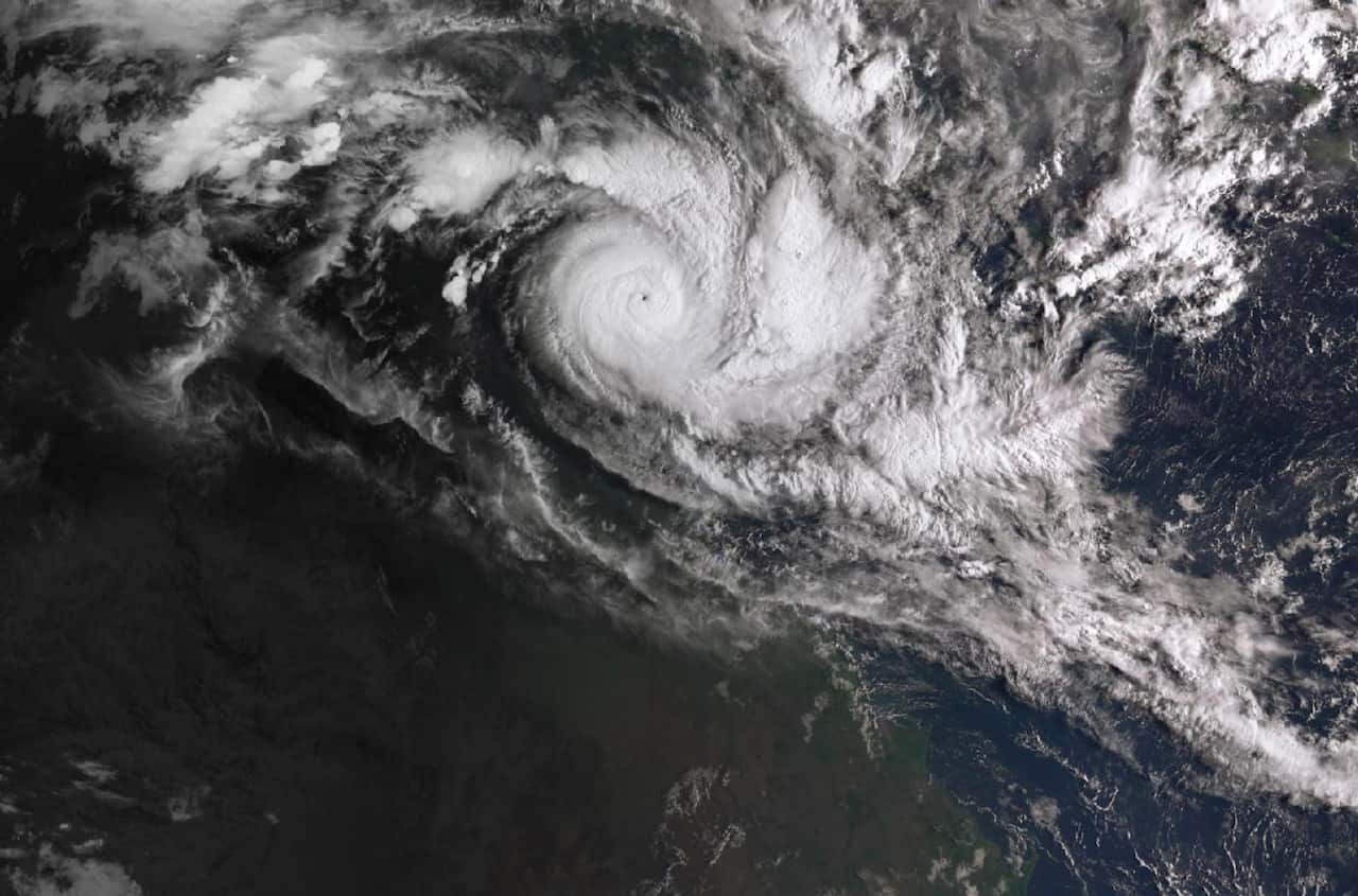 A satellite image show Cyclone Trevor over the Northern Territory on Tuesday morning.
