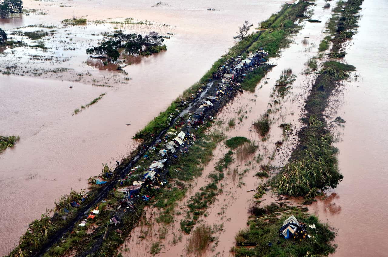 An aerial view shows damage from the flood waters after cyclone Idai made landfall in Sofala Province, Central Mozambique.