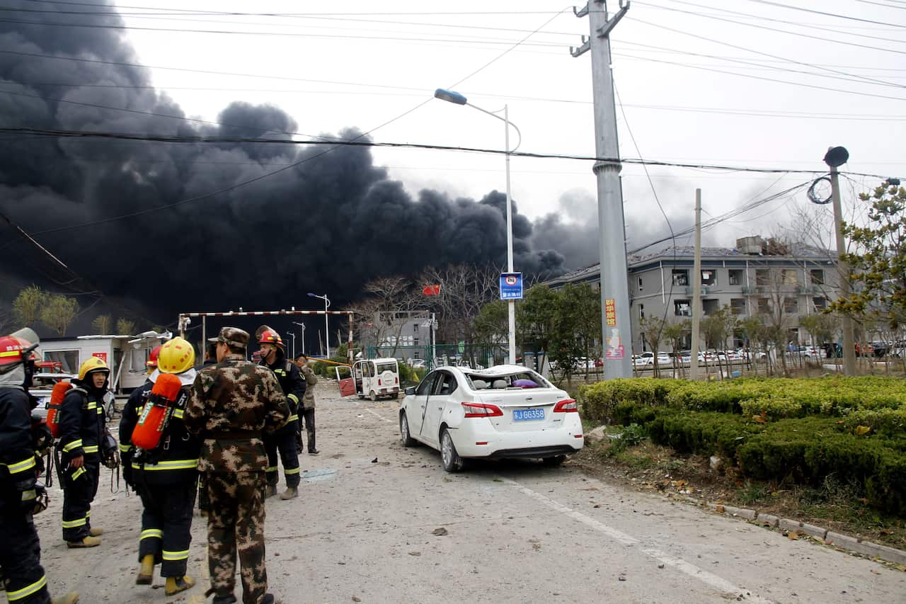 Rescuers work near the site of an explosion at a chemical industrial park in Xiangshui county, in east China's Jiangsu province.
