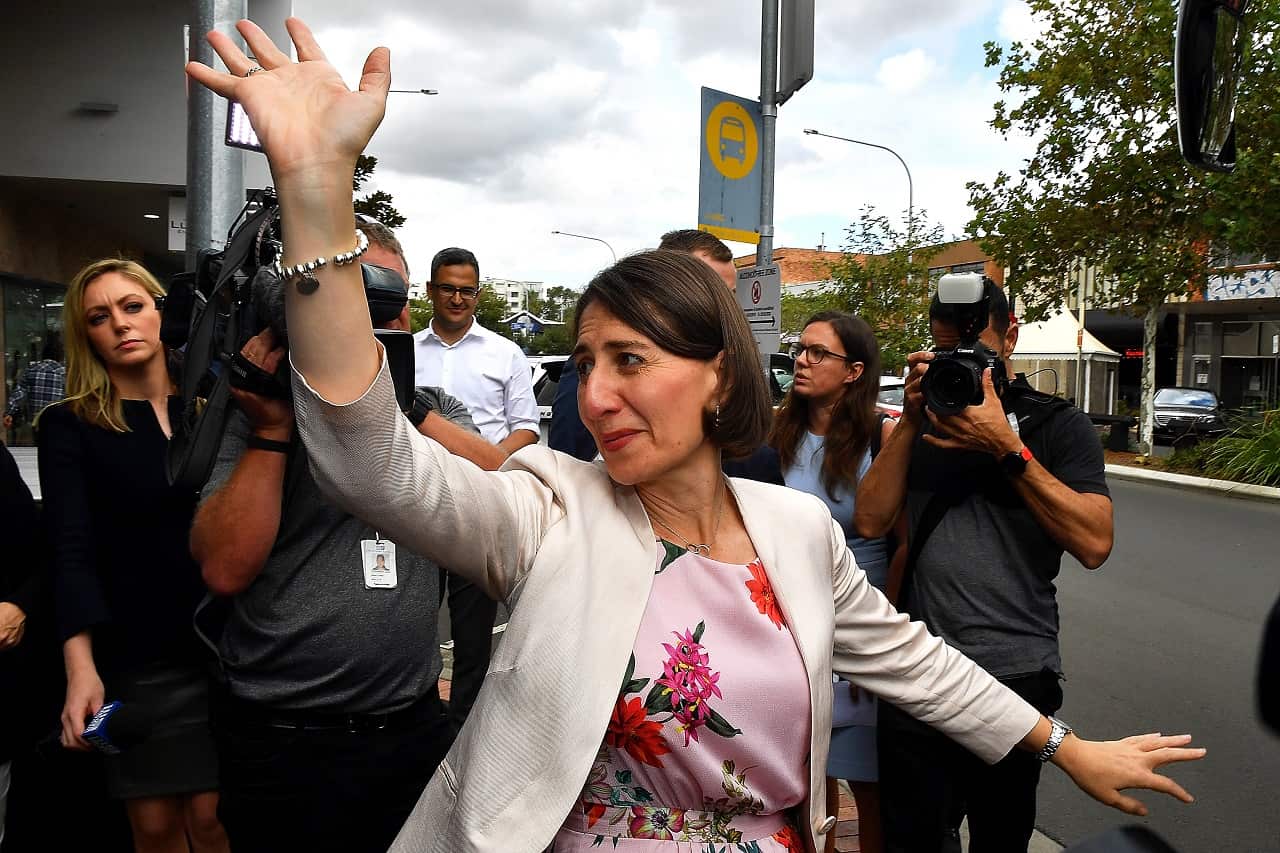 New South Wales Premier Gladys Berejiklian gestures during a streetwalk in Merrylands, in Sydney, Friday, 22 March 2019. New South Wales voters will head to the polls in the state election Saturday, March 23rd. (AAP Image/Dean Lewins) NO ARCHIVING