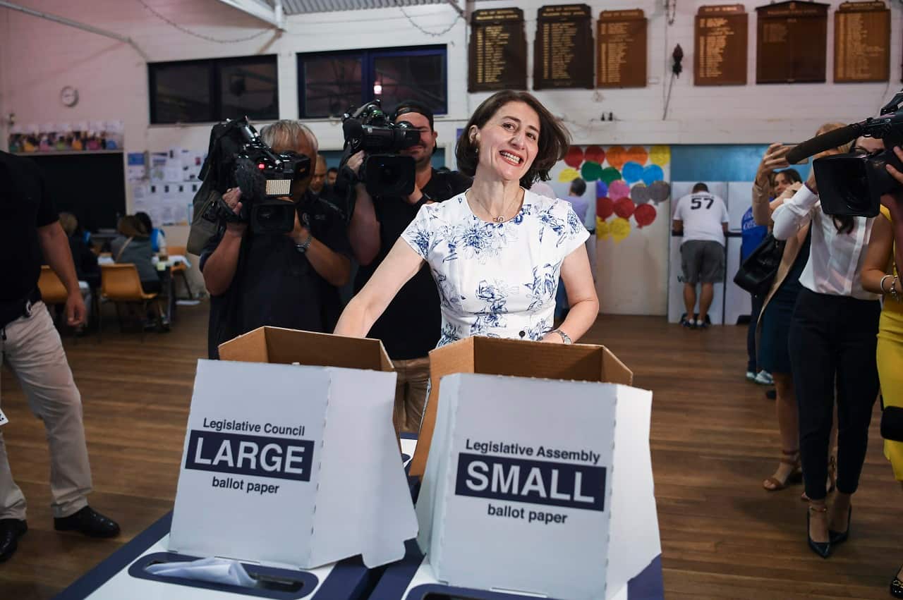 NSW Premier Gladys Berejiklian casts her vote at Willoughby Public School on 2019 New South Wales election day in Sydney, Saturday, 23 March 2019. New South Wales voters head to the polls in the state election today. (AAP Image/Lukas Coch) NO ARCHIVING