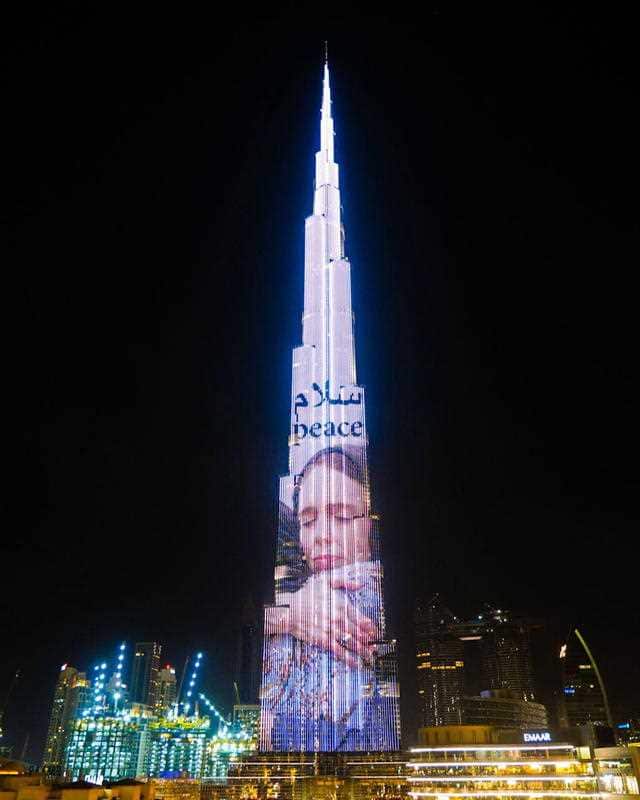 The world's tallest building, the Burj Khalifa in Dubai, lit up with the image of Jacinda Ardern.