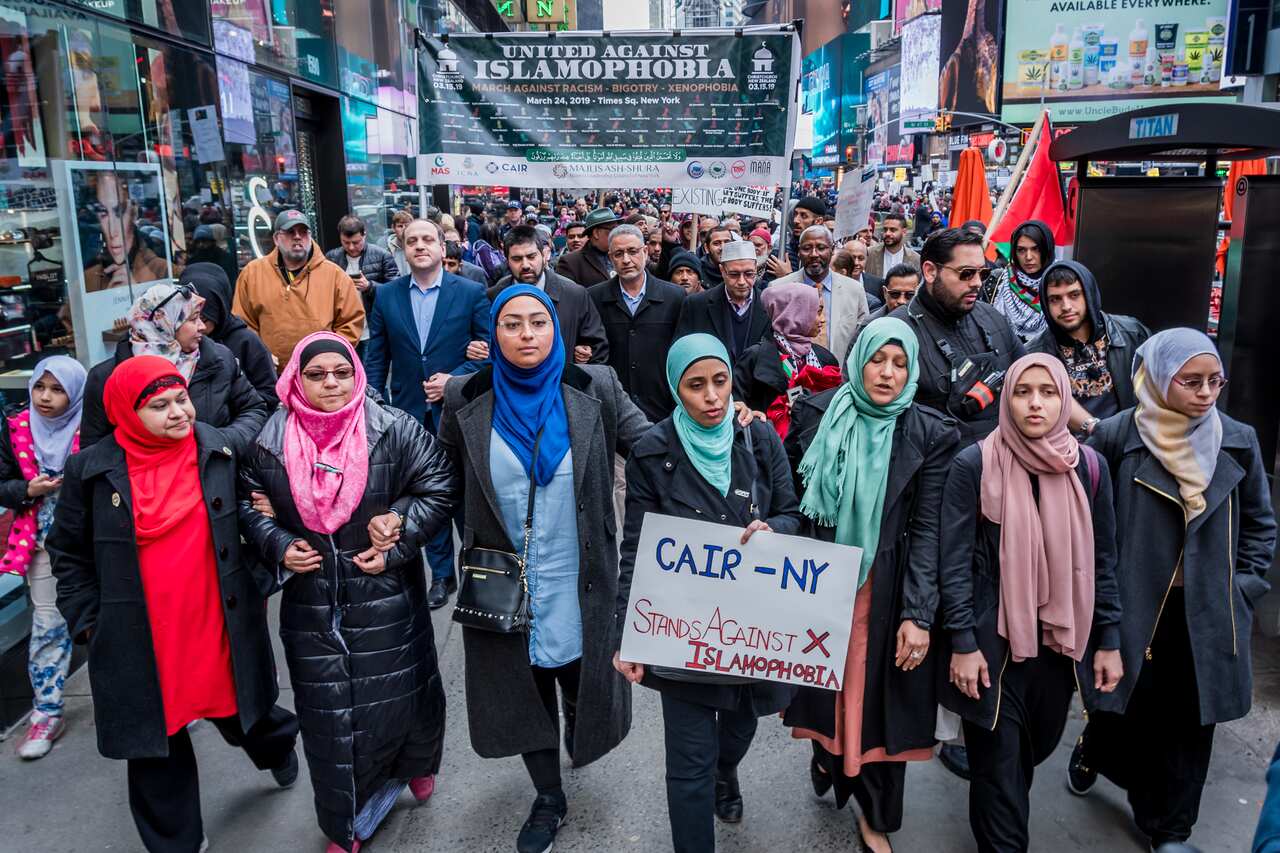 Muslim leaders and allies holding a rally last year and march against Islamophobia, white supremacy, and anti-immigrant bigotry in Times Square.