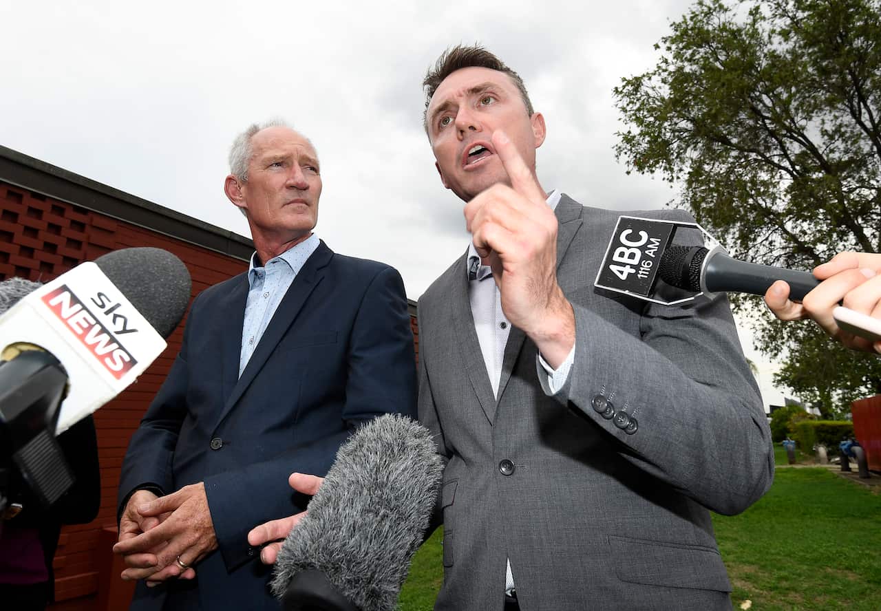 One Nation party officials Steve Dickson (left) and James Ashby field questions during a press conference in Brisbane.