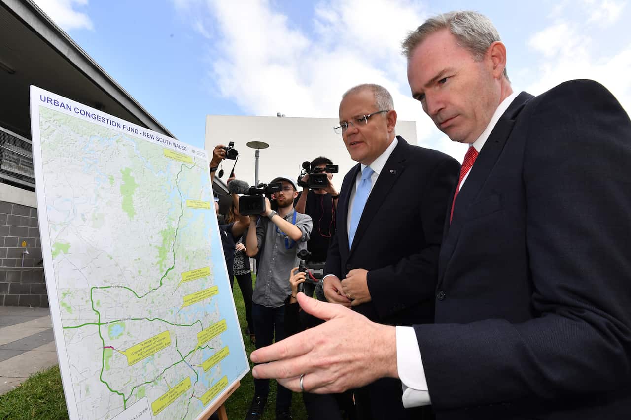 Prime Minister Scott Morrison and Immigration David Coleman at a "congestion busting" announcement in Hurstville.