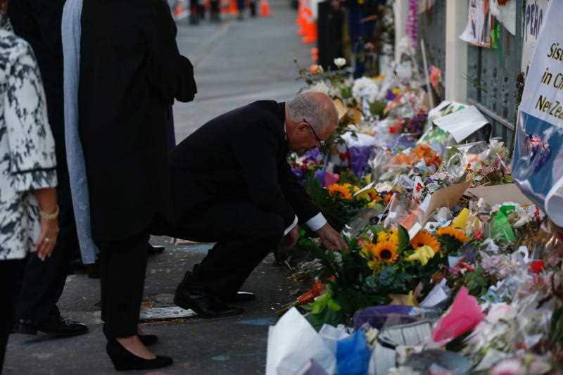 Scott Morrison pays tribute outside the Al-Noor Mosque in Christchurch, where an Australian gunman killed 50 people last month. 