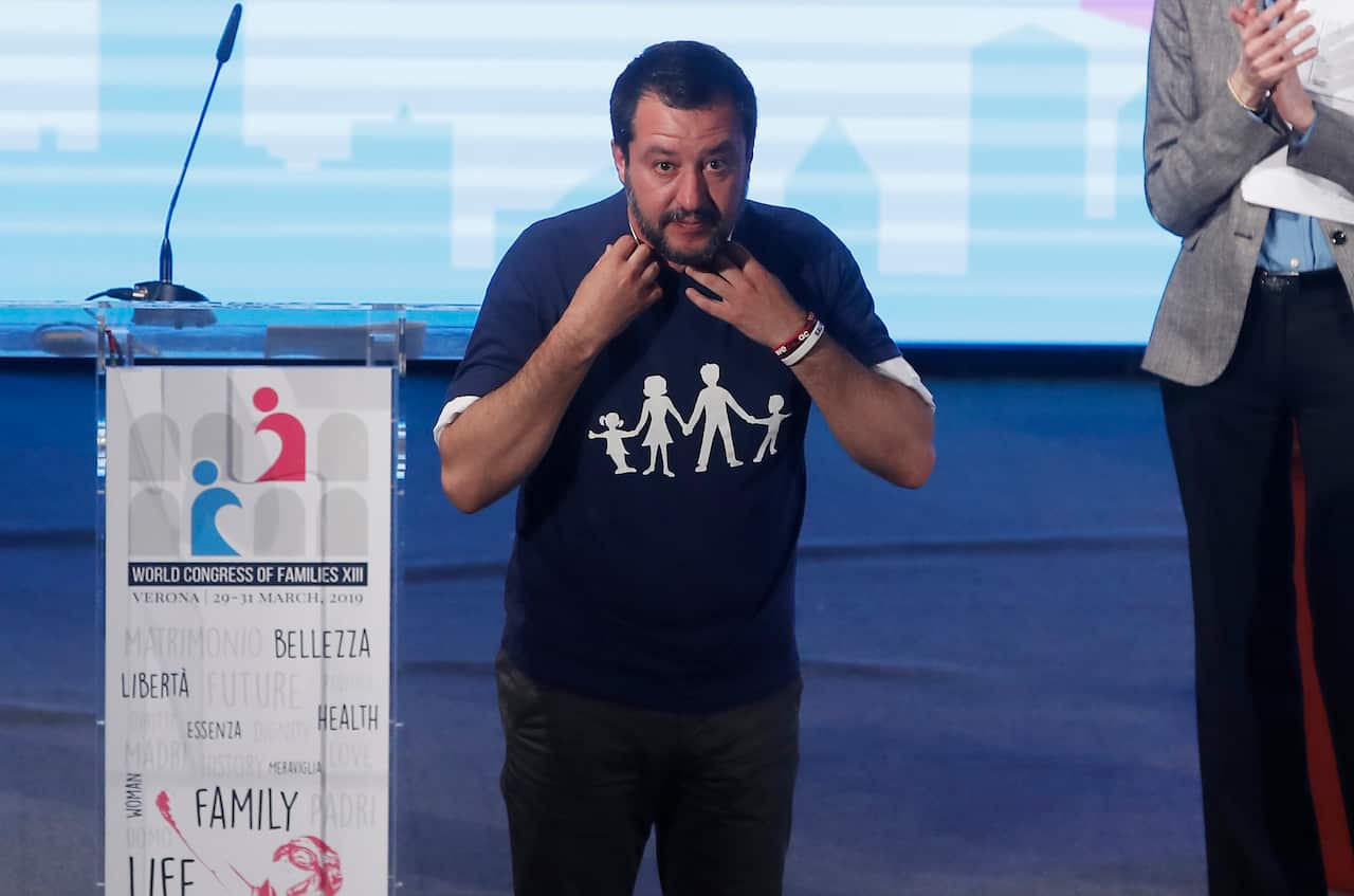 talian Deputy-Premier Matteo Salvini addresses the audience after delivering his speech at the World Congress of Families, in Verona, Italy.