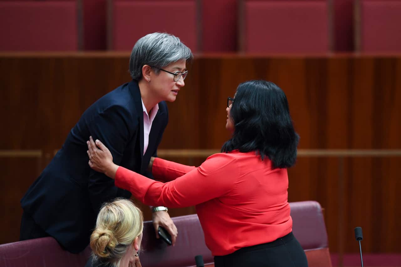 Australian Greens Senator Mehreen Faruqi speaks to the leader of the Opposition in the Senate Penny Wong on Tuesday.