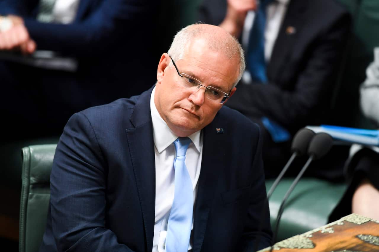 Australian Prime Minister Scott Morrison reacts during House of Representatives Question Time at Parliament House in Canberra, Tuesday, 2 April 2019. (AAP Image/Lukas Coch) NO ARCHIVING