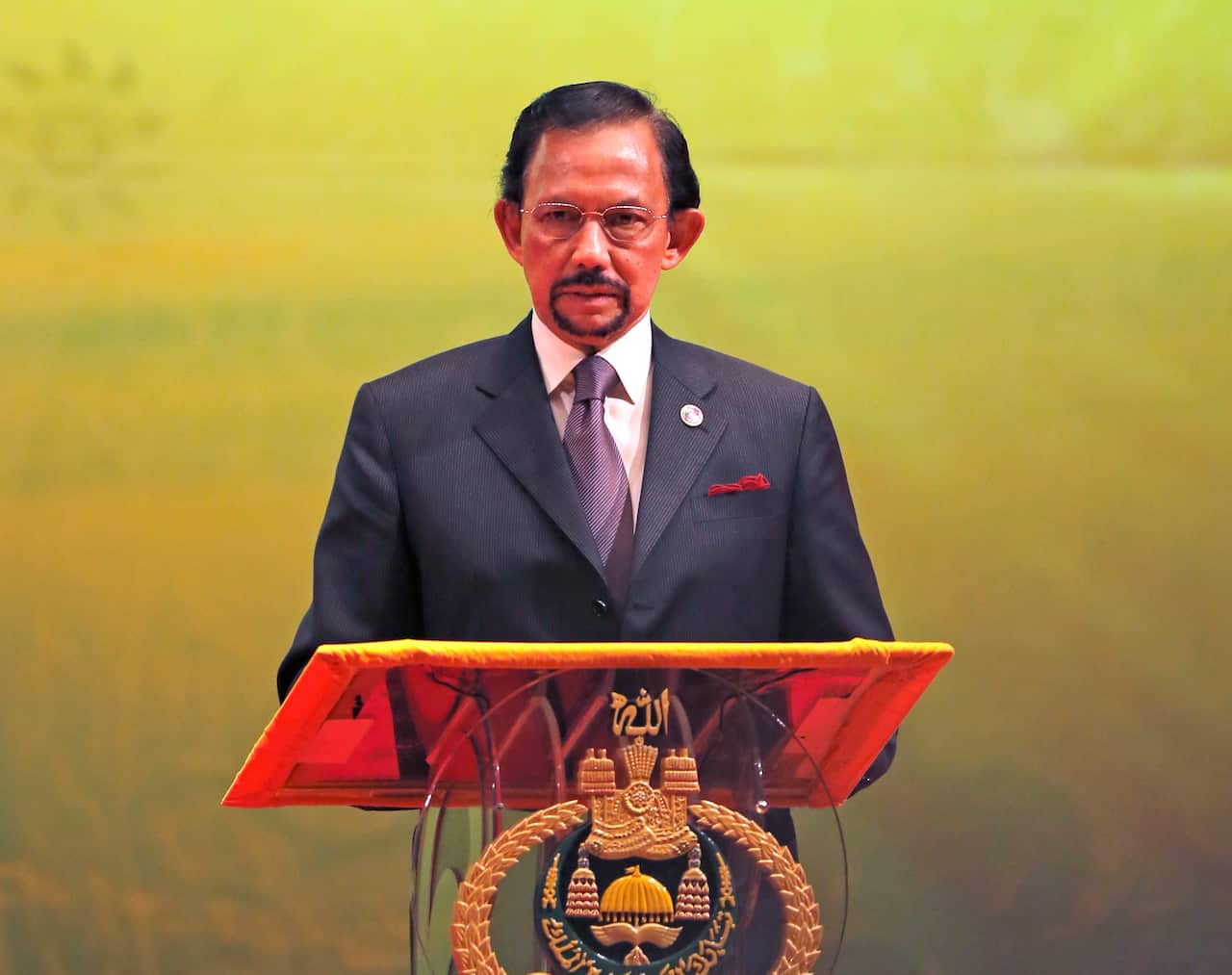 Brunei's Sultan Hassanal Bolkiah speaks during the closing ceremony and handover of the ASEAN Chairmanship to Myanmar in Bandar Seri Begawan. 