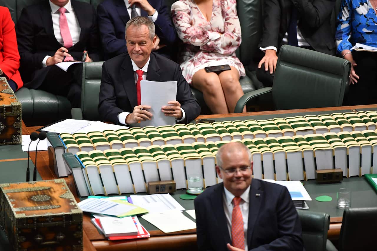 Leader of the Opposition Bill Shorten and Prime Minister Scott Morrison during Question Time in the House of Representatives at Parliament House, in Canberra, Thursday, April 4, 2019. (AAP Image/Mick Tsikas) NO ARCHIVING
