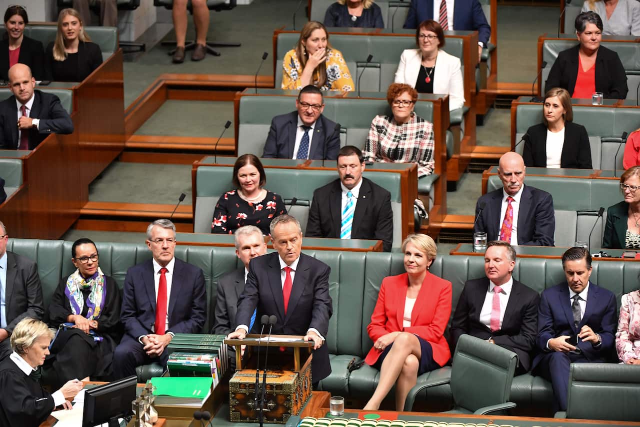 Leader of the Opposition Bill Shorten elivers the 2019-20 Federal Budget Reply speech in the House of Representatives at Parliament House, in Canberra, Thursday, April 4, 2019. (AAP Image/Mick Tsikas) NO ARCHIVING
