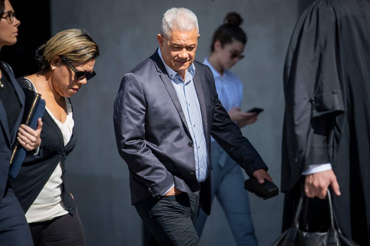 Isikeli Feleatoua Pulini (right) and Malavine Pulini are seen arriving at the Brisbane District Court, in Brisbane, on Monday.