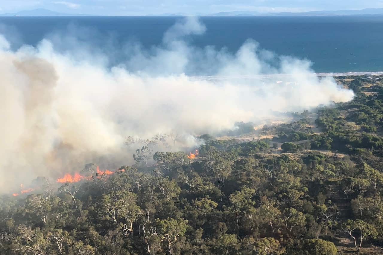 A bushfire burns near Dolphin Sands on Tasmania's east coast.
