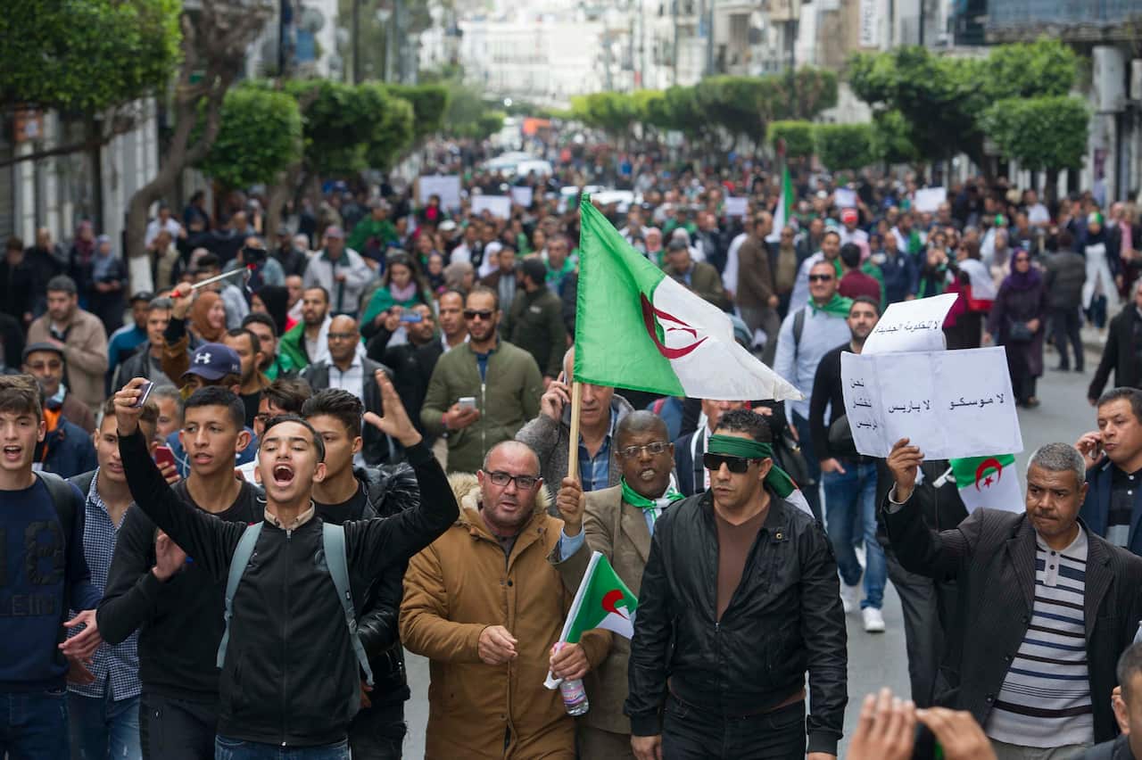Algerian protesters gather against interim president in Algiers, Algeria.