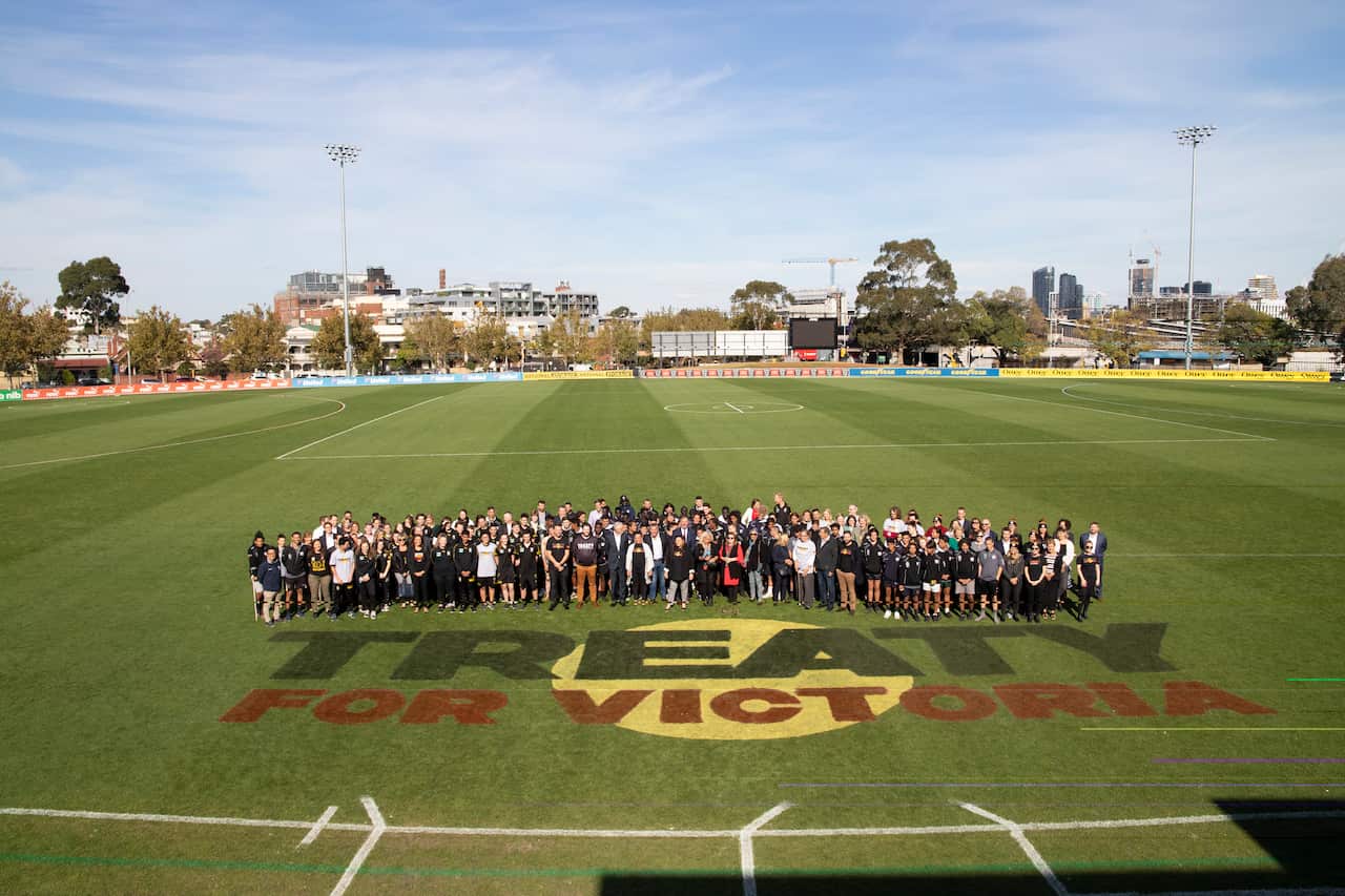 Campaigners gathered for Victoria's Treaty Advancement launch at Punt Road Oval in Melbourne.