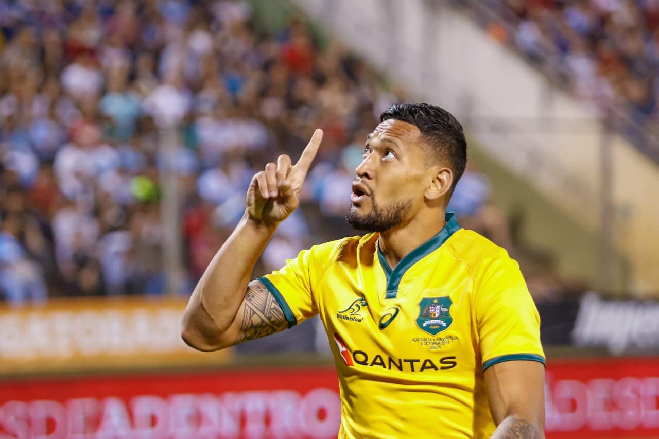Israel Folau celebrates during the 2018 Rugby Union Championship.