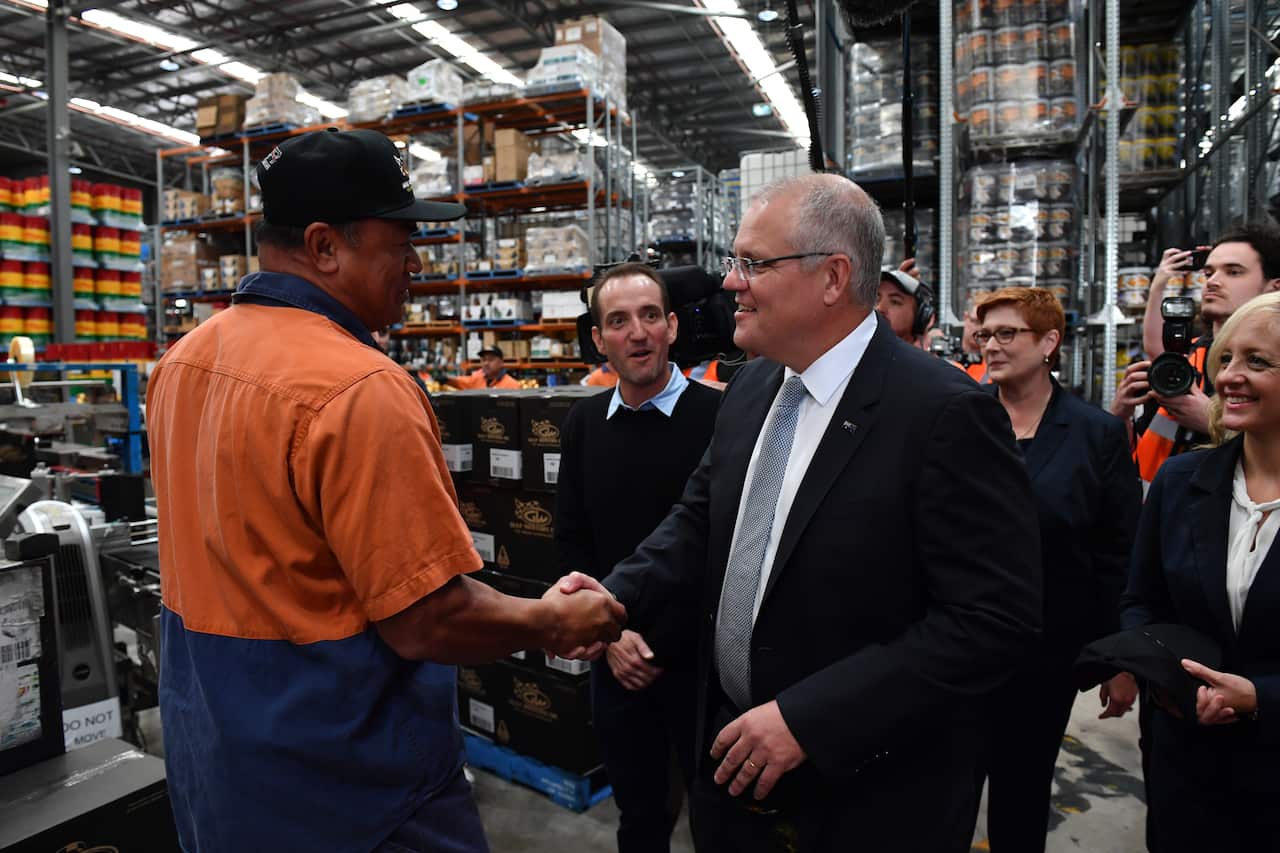 Prime Minister Scott Morrison visits the Gulf Western Oil company at St Mary's in Sydney, Friday, April 12, 2019. (AAP Image/Mick Tsikas) NO ARCHIVING