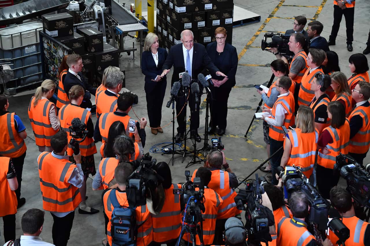 Prime Minister Scott Morrison at a press conference after visiting the Gulf Western Oil company at St Mary's in Sydney, Friday, April 12, 2019. (AAP Image/Mick Tsikas) NO ARCHIVING