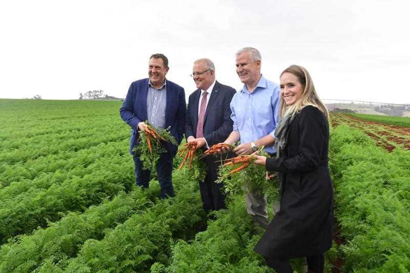 Prime Minister Scott Morrison, Deputy Prime Minister Michael McCormack and Nationals candidate for Braddon Sally Milbourne at Premium Fresh farm