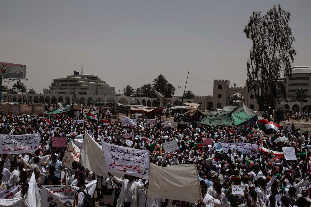 A group from Sudanese in the sit-in inside the Armed forces square, Khartoum, Sudan.