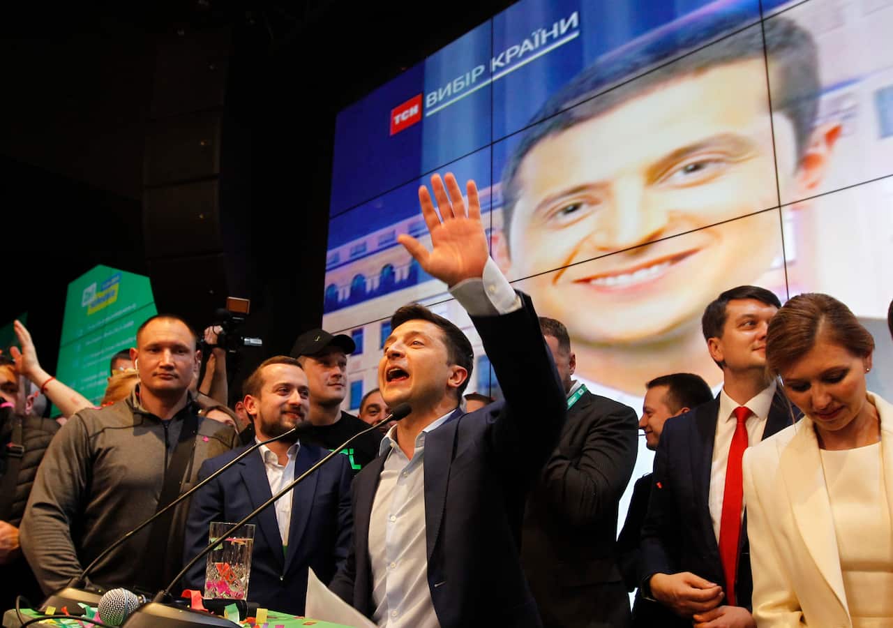 Ukrainian comedian and presidential candidate Volodymyr Zelensky reacts at his campaign headquarters following a presidential elections in Kiev, Ukraine.