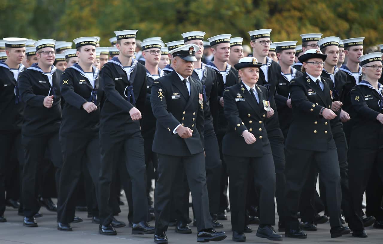 Navy personnel take part in the Anzac Day march in Melbourne, Thursday, April 25, 2019. Anzac Day is a national day of remembrance to commemorate the service and sacrifice of Australian service men and women. (AAP Image/David Crosling) NO ARCHIVING
