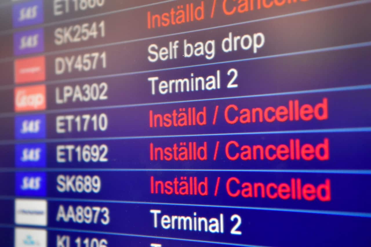 A board showing cancelled flights at Stockholm-Arlanda airport in Stockholm, Sweden.