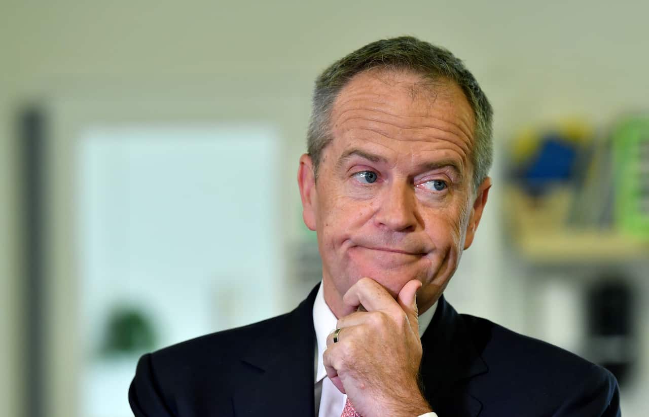 Australian Opposition Leader Bill Shorten is seen during a media conference at the Goodstart Early Learning Nollamara  centre in Perth, Monday, April 29, 2019.  (AAP Image/Darren England) NO ARCHIVING