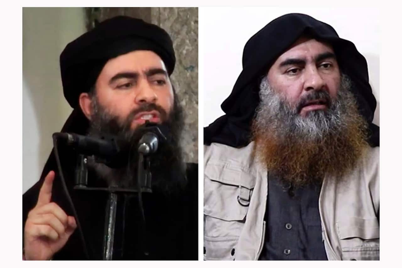 IS leader Abu Bakr al-Baghdadi in his first public appearance in Mosul, Iraq on July 5, 2014, left, and at right, on Monday, April 29, 2019,