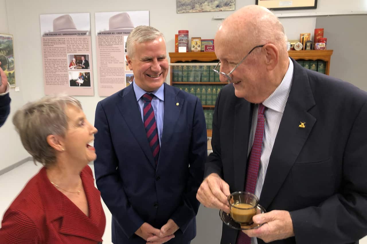 Former Nationals leader Tim Fischer with leader Michael McCormack at the opening of a museum dedicated to his life in Lockhart, NSW.