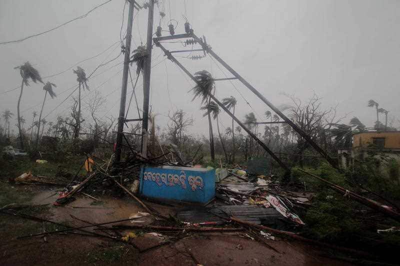 An electric pole is damaged by Cyclone Fani.
