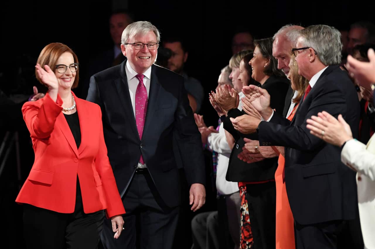 Former prime ministers Julia Gillard and Kevin Rudd arrive at the Labor campaign launch together. 