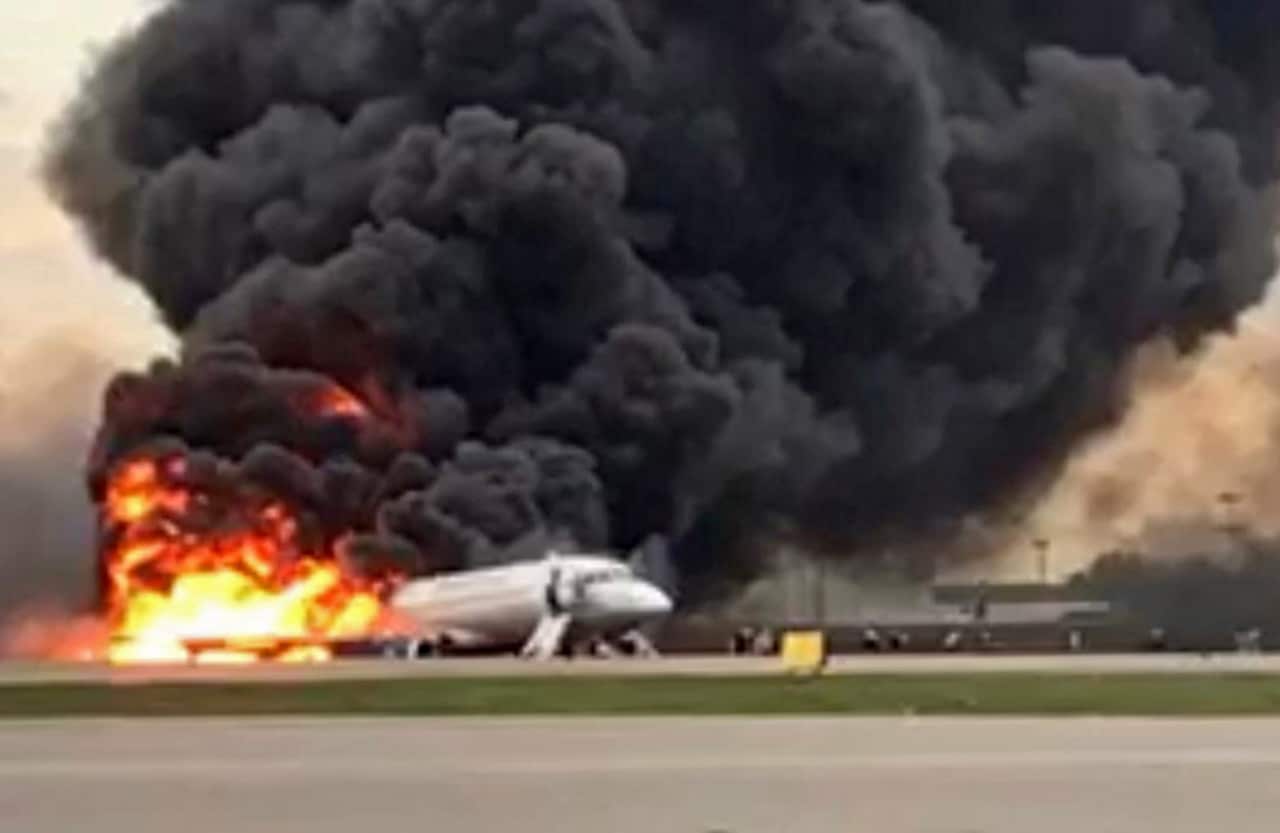 A Sukhoi Superjet 100 of Russian airline Aeroflot burning at Moscow's Sheremetyevo airport, Russia, 05 May 2019.