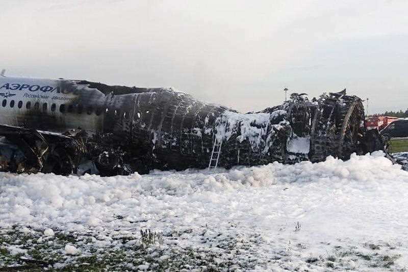 The wreckage of the Sukhoi Superjet 100 of Russian airline Aeroflot which caught fire at Moscow's Sheremetyevo airport, Russia, 05 May 2019.